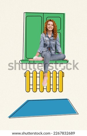 Photo collage artwork minimal picture of happy smiling lady sitting window inside warm flat isolated drawing background