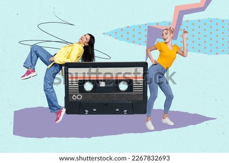 Creative 3d photo artwork graphics collage of happy smiling ladies listening stereo music having fun isolated drawing background