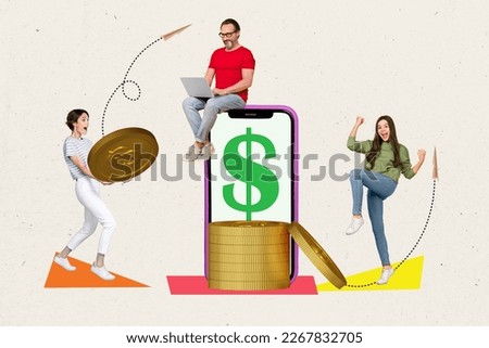 Photo artwork template collage of young entrepreneur business investor sit display finance market earn money bitcoins isolated on beige background