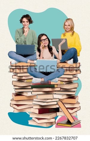 Collage photo of young business people girls online library prepare professional examination sitting pile books isolated on white blue background