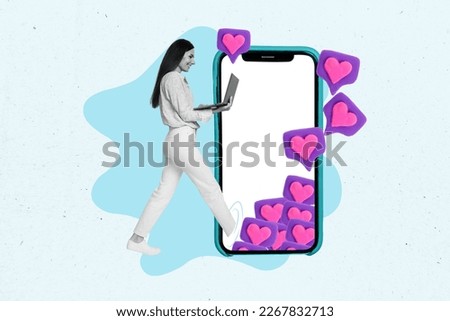 Collage artwork photo of young date online attractive girl hold netbook walk inside display phone advert internet website isolated on blue background