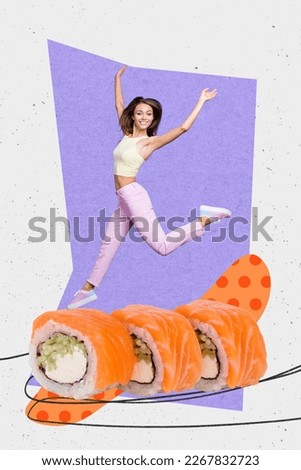Photo of overjoyed woman jumping carefree california sushi takeaway healthy food promo poster advert sale weekend isolated on purple background