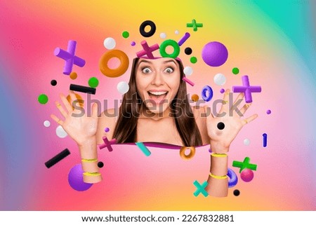 Vivid retro swag surreal collage of excited crazy woman start play new level online game in vr simulation with math signs