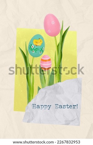 Creative surreal weird invitation collage of green plants with blossom painting easter eggs flowers celebrate happy holiday