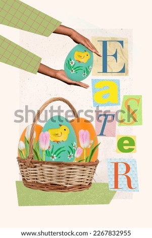 Image easter collage greeting brochure of wicker basket with painting color eggs from rabbit hunt