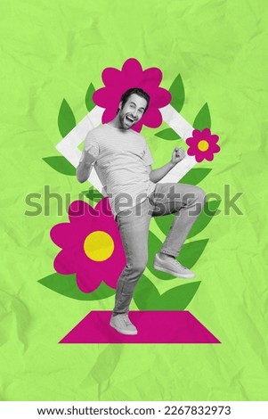 Composite creative collage photo banner of youngster funny boyfriend raise fists up celebrate march holiday flowers isolated on green background