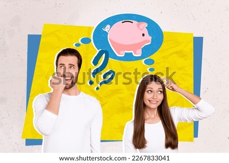 Collage photo of two young funny people family confused problems with debt no money questioned savings isolated on yellow color background
