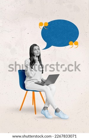 Photo poster of smart minded girl brainstorming creative ideas phrase chatterbox deep think while online conference laptop isolated white background