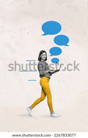 Vertical collage photo of young business lady chatting messages dialogue use her netbook for remote communication isolated on white color background