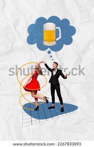 Vertical collage picture of two positive people hold hands dancing think beer pint isolated on painted background