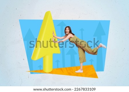 Composite 3d template photo collage of young excited funny business lady pushing yellow arrow market growth isolated on blue color background