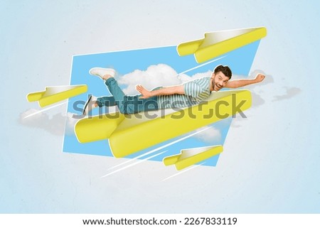 Creative photo template collage minimal design dream flying man arrow direction heaven travel around world improve skills isolated on blue background Royalty-Free Stock Photo #2267833119