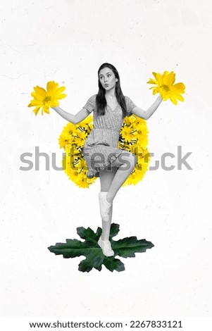 Magazine poster image collage of funky fairy lady with yellow daisy hands enjoy 8 march event occasion