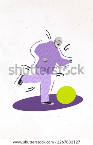 Magazine template creative comics collage of funny senior man playing green big ball healthcare concept sport store advert