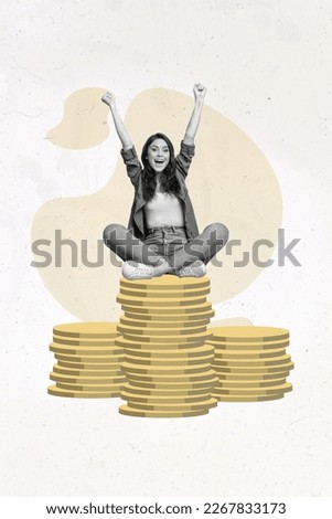 Magazine poster creative collage of lady economist achieve financial income winning bonus lottery sit money stock