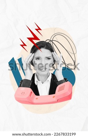 Creative template magazine collage of exhausted lady worker suffer terrible head pain receive doctor hospital assistance