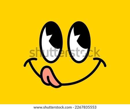 Yum yum smile emoji label with tongue lick mouth. Trendy Printable graphic tee. Yummy Design doodle face for print. Vector illustration. Colorful. Retro cartoon style. Yellow Black and white Royalty-Free Stock Photo #2267835553