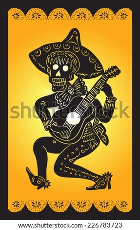 silhouette skeleton in a sombrero with a guitar
