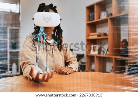 Virtual reality, vr and woman with human body hologram for digital research, online study or e learning. 3d anatomy, augmented reality overlay and African medical student with ai metaverse innovation Royalty-Free Stock Photo #2267838913