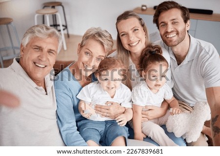 Selfie, family and children with grandparents, parents and girl siblings taking a photograph in a living room together. Kids, portrait and happy with a man, woman and daughter posing for a picture