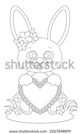 Coloring page of a cute rabbit holding a heart.