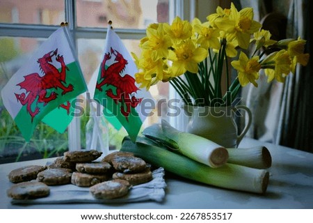 St David's Day display of daffodils, welsh flags, leeks and welsh cakes. National emblems of Wales  Royalty-Free Stock Photo #2267853517