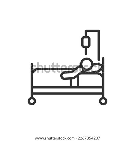 Man in a hospital bed, linear icon. A sick person in the hospital. Bed rest, Dropper. Line with editable stroke Royalty-Free Stock Photo #2267854207