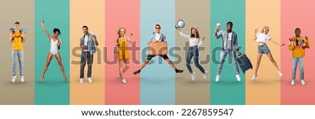 Excited multiracial millennials tourists beautiful young men and women sharing good vibes, jumping in the air over colorful studio background, going vacation, collection of photos, collage, web-banner