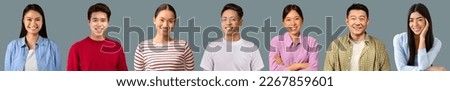 Mosaic of cheerful chinese people attractive men and women different ages smiling on grey studio background, collection of photos, web-banner, collage for asian people concept