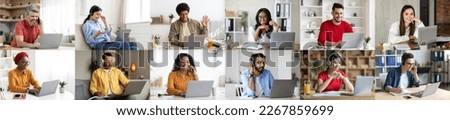 Collage for remote job concept, collection of candid photos of multiethnic men and women different ages using laptop at workplace, having video chat or talking on phone, panorama