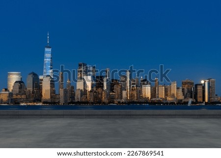 Skyscrapers Cityscape Downtown, New York Skyline Buildings. Beautiful Real Estate. Night time. Empty rooftop View. Success concept.