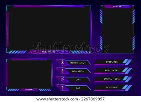 Twitch stream overlay panel template with neon theme. Digital streaming screen interface. Live video stream. Vector Royalty-Free Stock Photo #2267869857