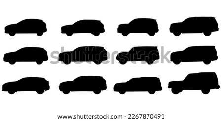 Set with 12 different silhouette types of suv cars in vector, side view. Doodle collection. Royalty-Free Stock Photo #2267870491