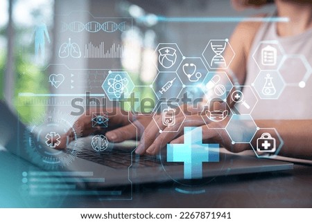 Woman typing on laptop at office workplace in background. Concept of working process, internet surfing, online business education. Student send e-mail. Close up view. Medical healthcare icons