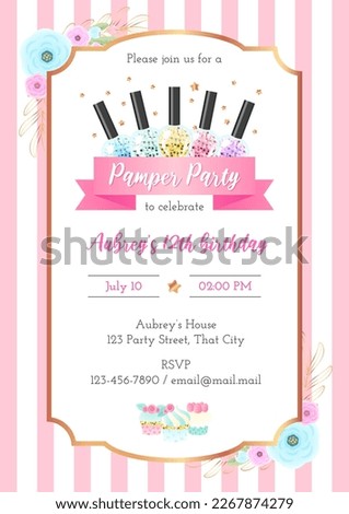 Pamper birthday party invitation template. Beautiful pink striped background with golden frame, flowers and sparkling nail polish bottles. Vector illustration 10 EPS. Royalty-Free Stock Photo #2267874279