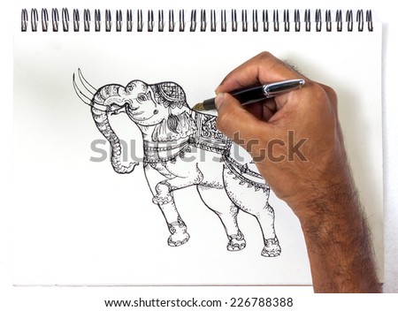 Artist drawing thai tradition art,white elephant, by pen on paper