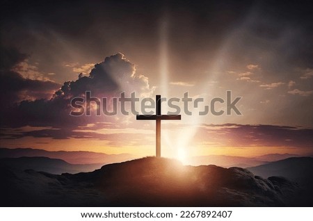 The resurrected Jesus Christ ascending to heaven above the bright light sky and clouds and God, Heaven and Second Coming concept Place of Jesus' crucifixion. Empty cross, Resurrection. Easter Royalty-Free Stock Photo #2267892407