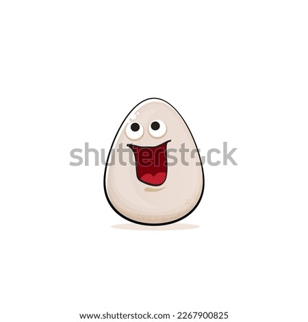 Egg character. Cartoon white egg isolated on white background. Funky food egg character with eyes and mouth. Vector white egg clip art, emoji, label and sticker
