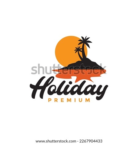 coconut trees beach sand seashore sunset afternoon holidays sea vintage logo design vector icon