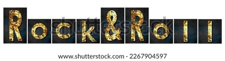 Rock and Roll. Words made from rusty iron letters. Isolated on white background. Direction in music. Musical style. Design element.