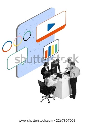 Contemporary art isometric collage. Conceptual design. Professional meeting. Team, employees having briefing, discussing company analytics. Graph of success. Concept of career development, business Royalty-Free Stock Photo #2267907003