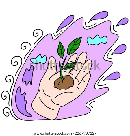 The hand holds a handful of earth with a sprout. The concept of caring for nature. This is a vector picture in the style of a comic book