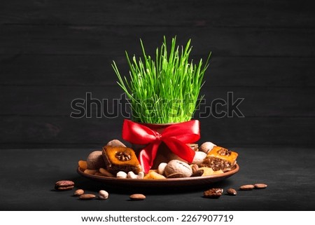 Novruz setting table decoration, wheat grass, baklava pastry and nuts on dark background. Nowruz arabic holiday, new year spring celebration, copy space.