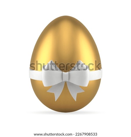 Golden Easter chicken egg with bow ribbon festive religious holiday gift 3d icon realistic vector illustration. Premium metallic eggshell traditional present treat surprise decor for congratulations