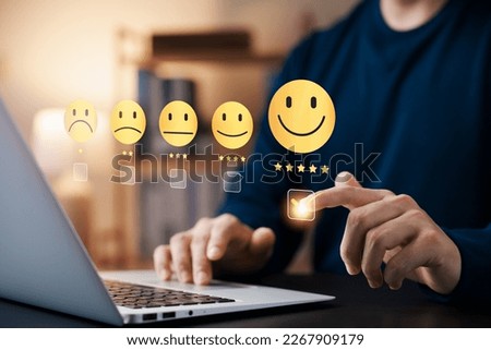 Customer Satisfaction Survey concept, 5-star satisfaction, service experience rating online application, customer evaluation product service quality, satisfaction feedback review, good quality most. Royalty-Free Stock Photo #2267909179
