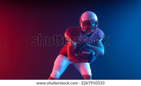 American football player picture with neon colors. Template for bookmaker ads with copy space. Mockup for betting advertisement. Sports betting, football betting, gambling, bookmaker, big win