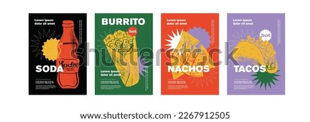 Mexican burrito, soda, nachos, tacos. Price tag or poster design. Set of vector illustrations. Typography. Engraving style. Labels, cover, t-shirt print, painting. Royalty-Free Stock Photo #2267912505