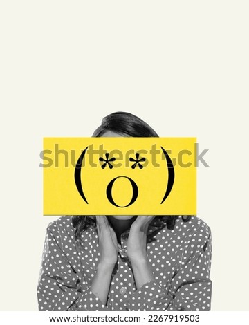 Contemporary art collage. Creative design. Woman with shocked network symbol. Impressive news, surprise. Concept of emotions, symbolism, modern technologies, imagination and inspiration