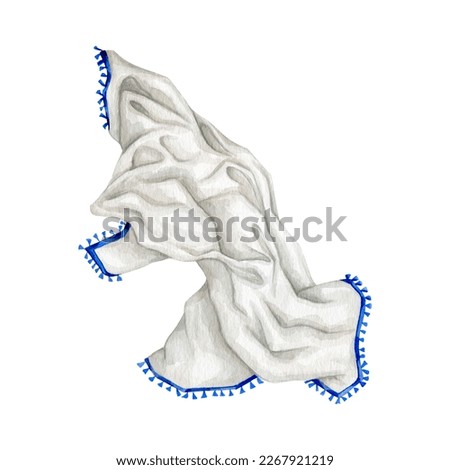 Watercolor white towel napkin with blue fringe illustration clip art. High quality hand drawn illustration