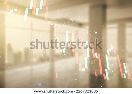 Abstract virtual global crisis chart and world map sketch on empty room interior background, falling markets and collapse of global economy concept. Double exposure